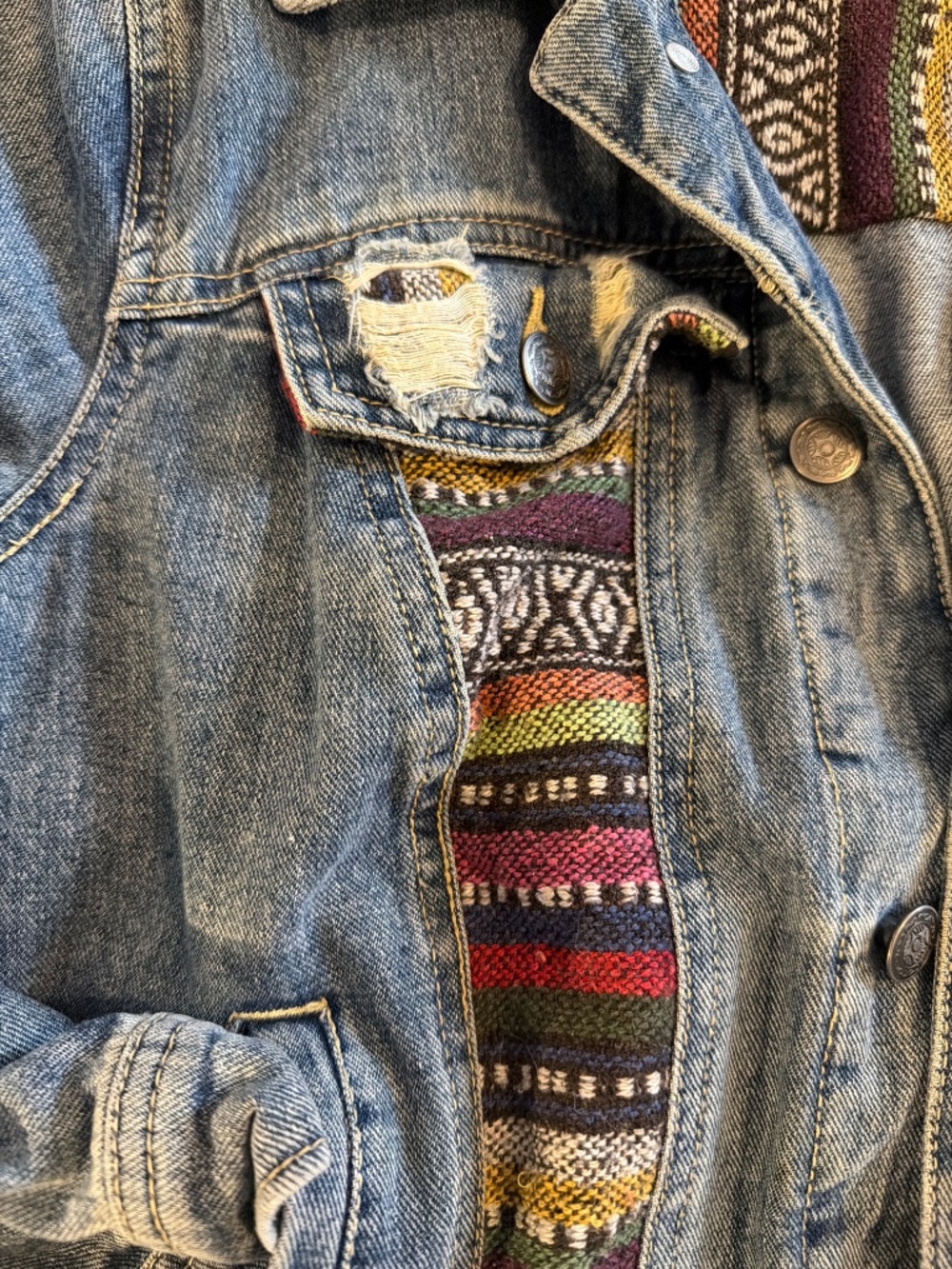 Free People Womens Size 8 Trucker Denim Patchwork Jacket We The Free Hippie Boho - Picture 4 of 6